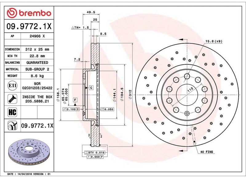 Brembo 09.9772.1X For 06-20 Audi A3 Xtra Front Disc Brake Rotor