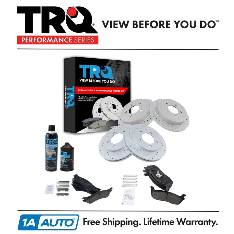 TRQ Front Rear Ceramic Brake Pad & Performance Rotor Kit w/Chemicals
