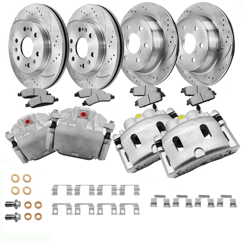 Front & Rear Drilled Rotors Brake Calipers +Brake Pads for Silverado Sierra 1500