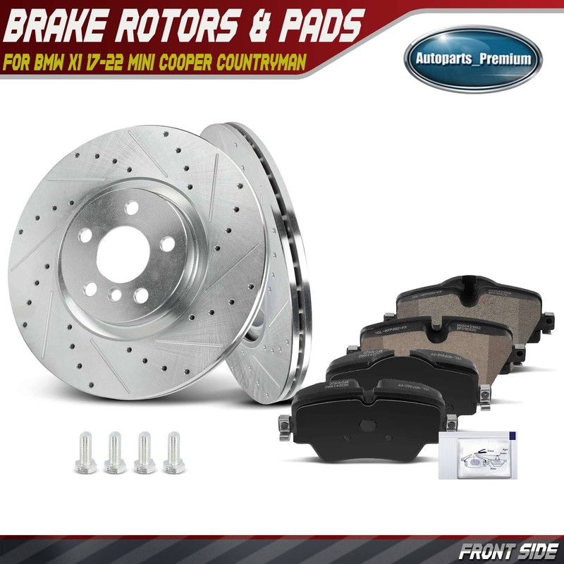 Front Drilled Brake Rotors & Brake Pads for BMW X1 17-22 Mini Cooper Countryman