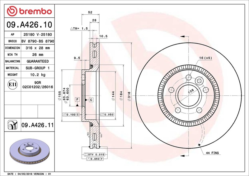 BREMBO Front Brake Discs For Ford Galaxy 05/0 316mm 52mm 5 Holes OE 6G9N2C375DC gallery