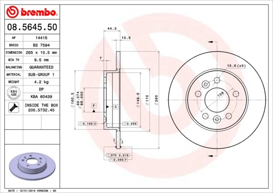 Brembo 08.5645.50 Brake Disc for Renault