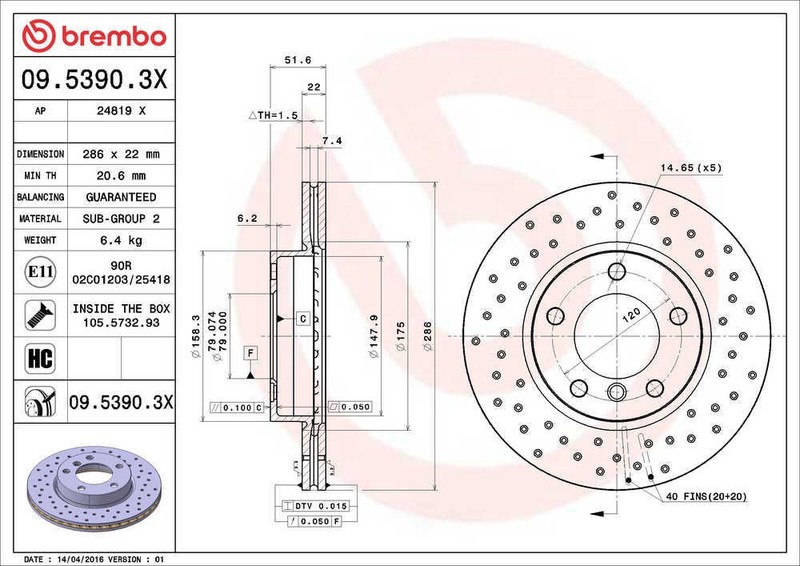 Disc Brake Rotor-Premium Xtra Cross Drilled UV Coated Rotor Brembo 09.5390.3X gallery