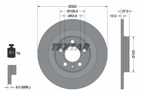 2X Textar 92304703 Rear Brake Discs 302mm Solid Fits Lynk & Co Volvo Asia 01
