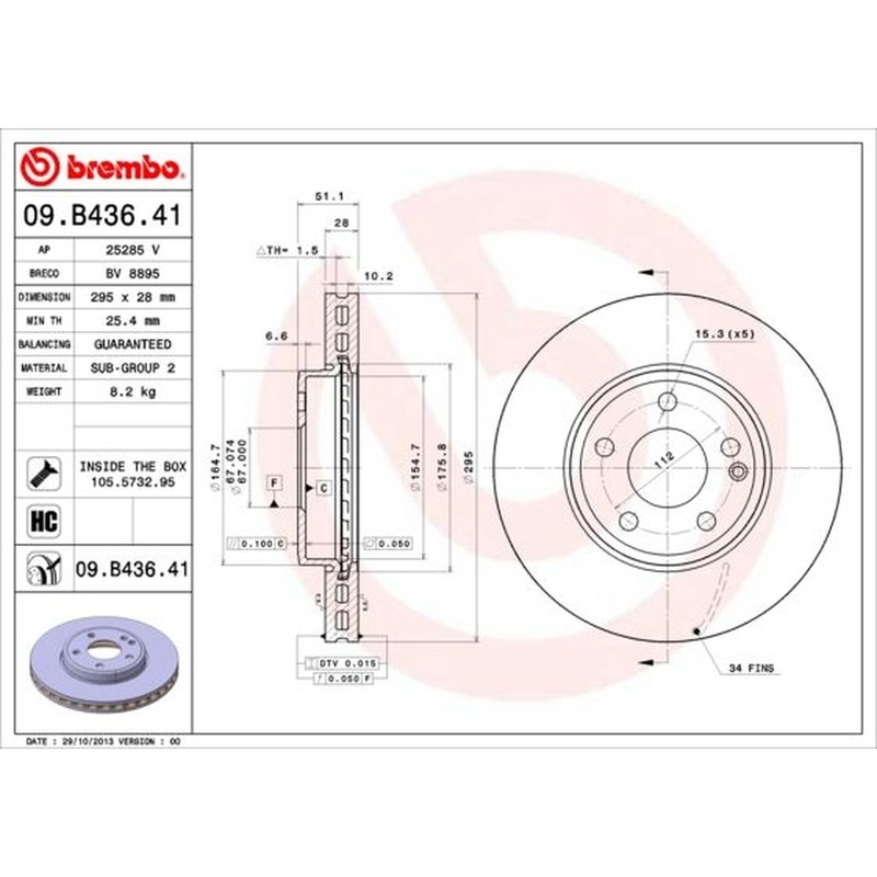 BREMBO UV Coated Vented Brake Disc Pair with screws - Fits Mercedes - 09.B436.41