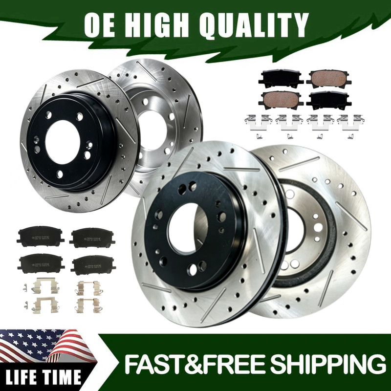 Front and Rear Slotted Drilled Rotors Brake Pads Fits Toyota Highlander2006 2007