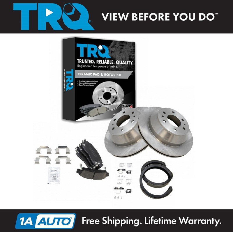 TRQ Rear Premium Posi Brake Pad & Rotor Kit with Parking Shoes for GM SUV Truck