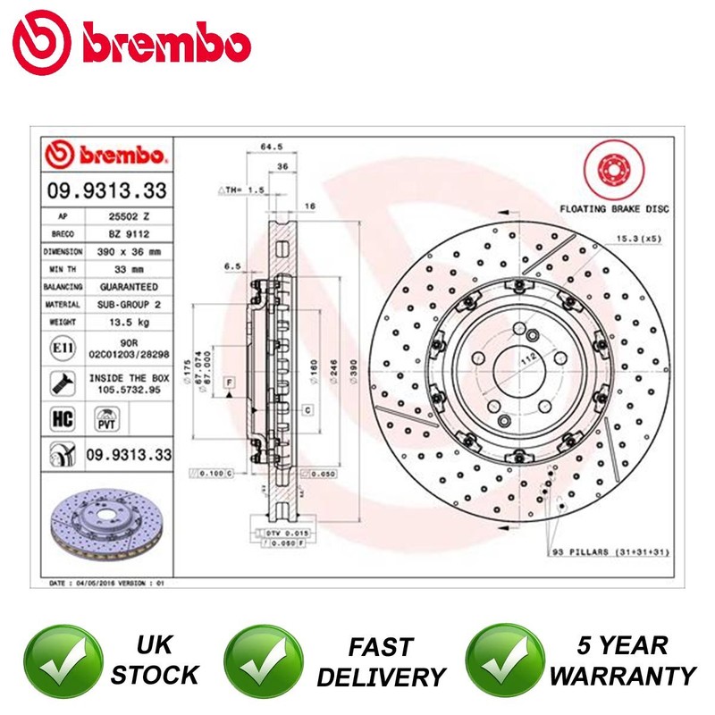 Brake Disc Front Brembo Fits C-Class SL AMG GT SLS 4.0 5.4 6.0 6.2 6.3 gallery