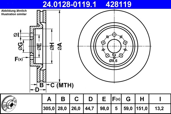 ATE 24.0128-0119.1 Brake Disc for Alfa Romeo