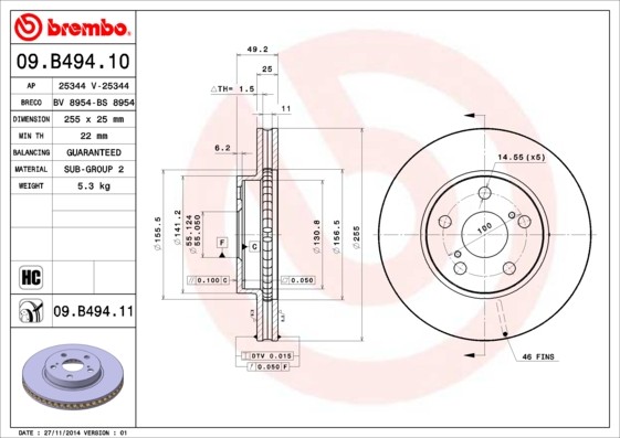 Brembo 09.B494.11 Brake Disc for Lexus, Toyota, Toyota (FAW)