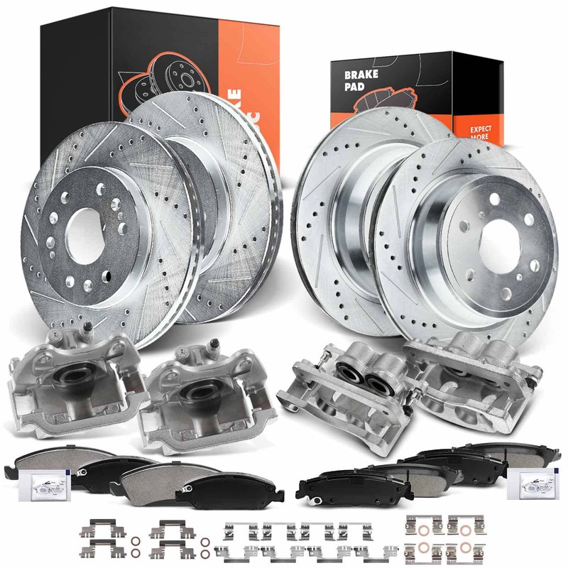 Front & Rear Drilled Rotor & Ceramic Brake Pad + Brake Caliper for Chevrolet GMC
