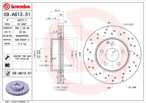 Brembo 09.A613.51 Brake Disc for Mercedes-Benz, Mercedes-Benz (BBDC)