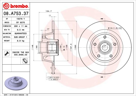 Brembo 08.A753.37 Brake Disc for Renault