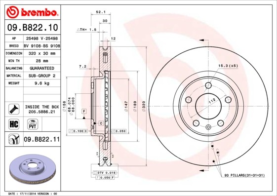 Brembo 09.B822.11 Brake Disc for Audi