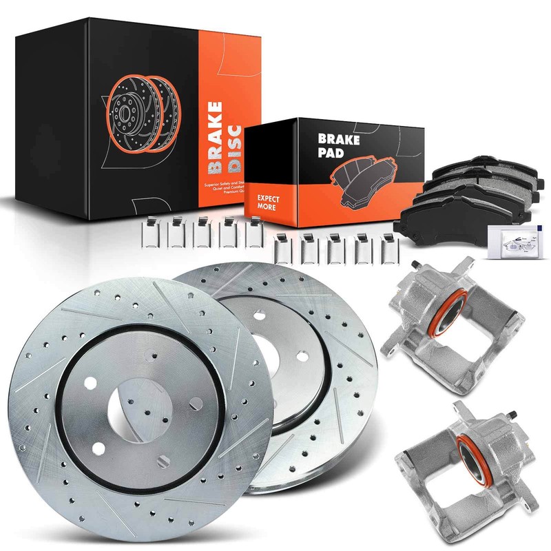 Front Drilled Brake Rotor & Pad+Brake Caliper for Chrysler Dodge Volkswagen Ram