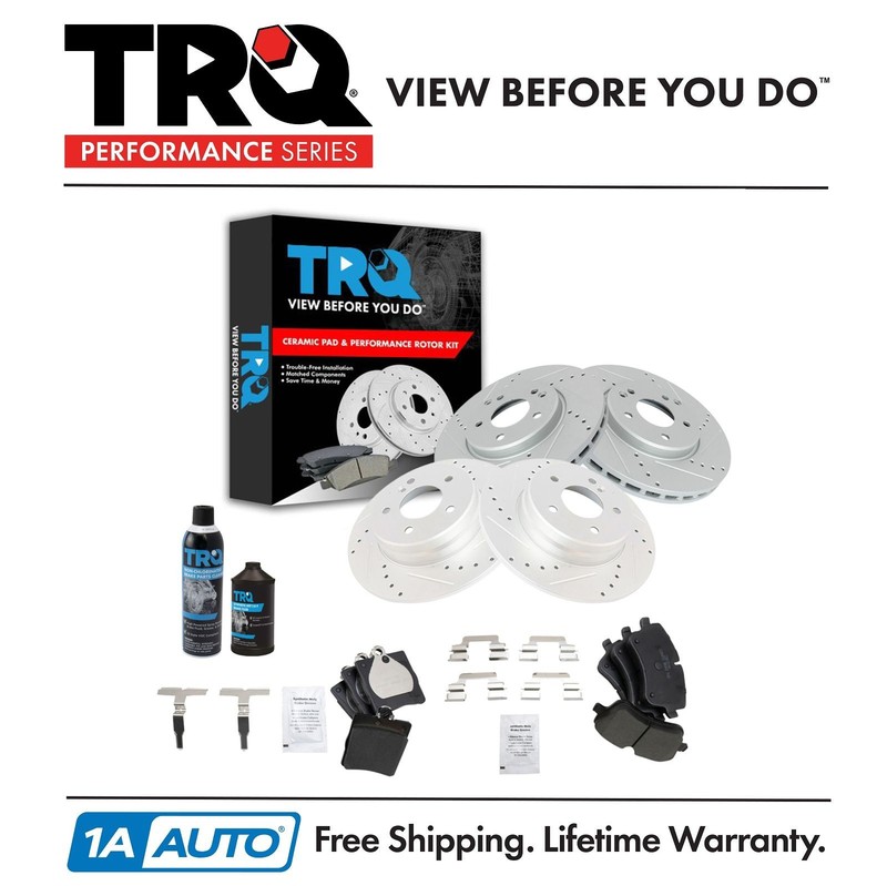TRQ Front Rear Performance & Brake Rotor Ceramic Pad & Hardware Kit w/Chemicals