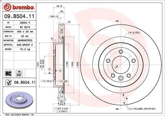 1X Brake Disc Brembo 9.B504.11 for Range Rover IV (L405) 3 2013-2021