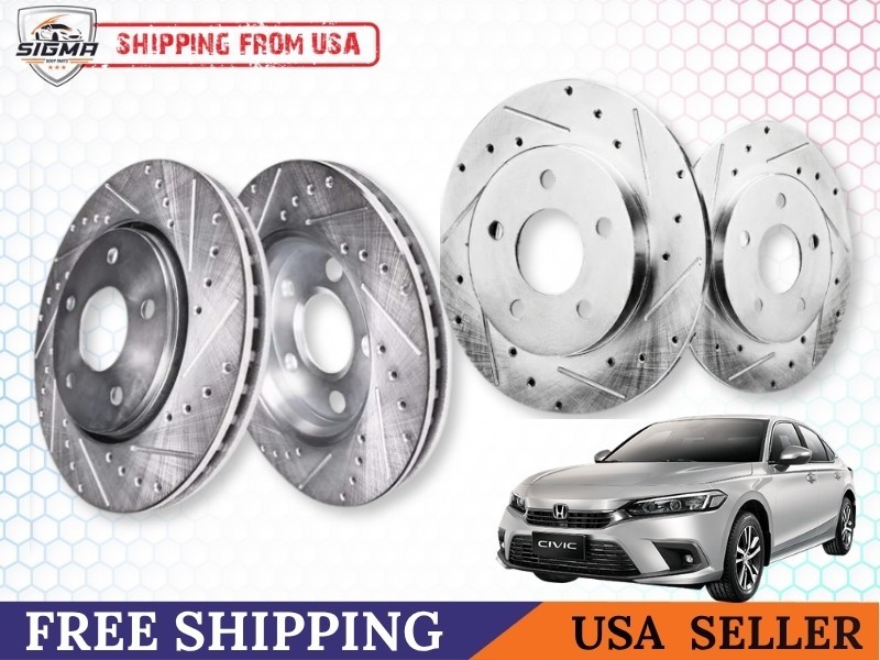 Rear Front Drilled & Slotted Disc Brake Rotors Set for Honda Civic CRV 2017-2023