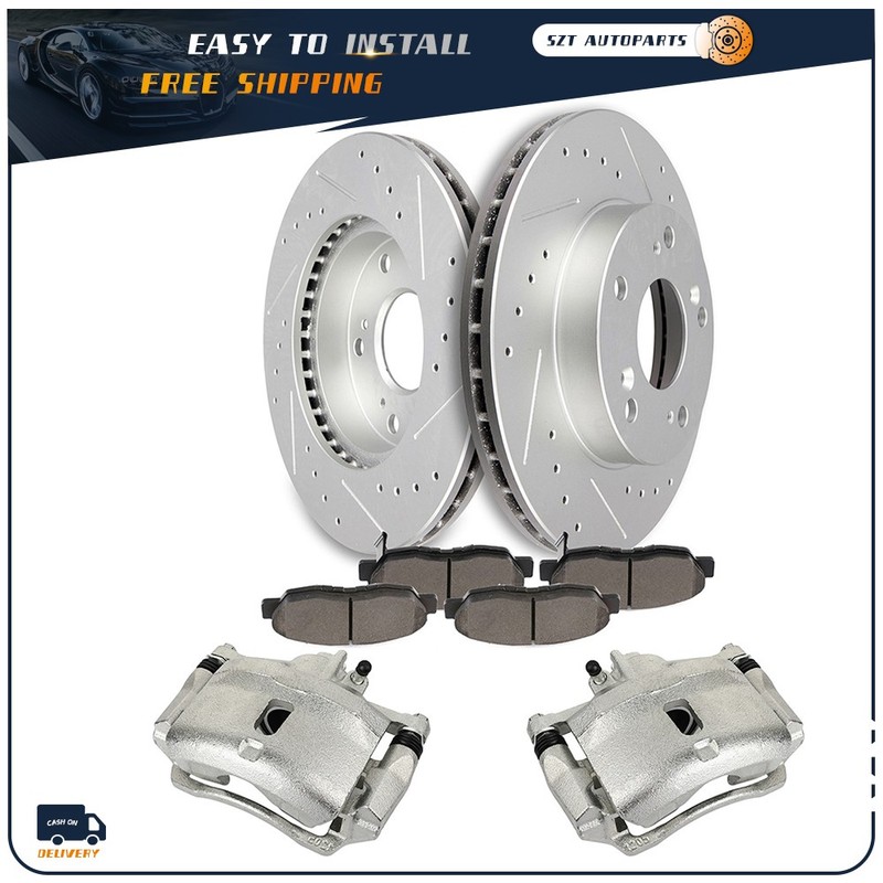 Front Brake Calipers & Rotors & Ceramic Pads Drilled For Honda Civic 2006-2011