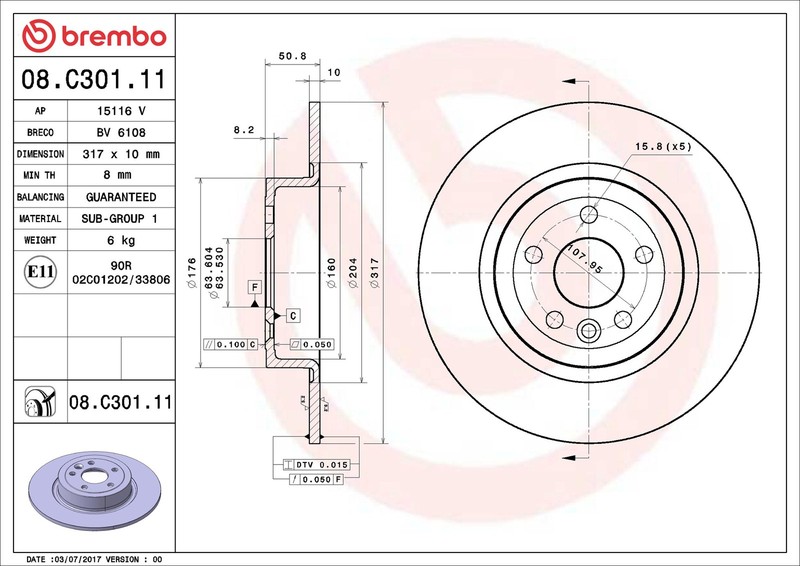 Brembo 08.C301.11 Brake Disc for Land Rover, Land Rover (Chery)