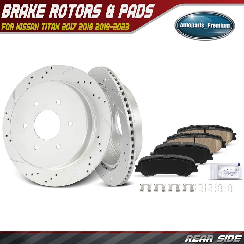 6xRear Side Drilled Brake Rotors & Ceramic Brake Pads for Nissan TITAN 2017-2023