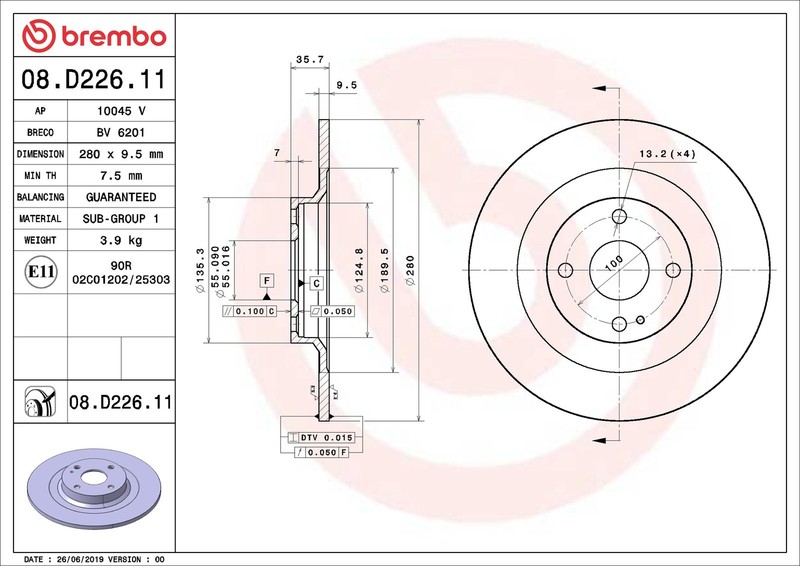 2x Brake Discs Pair Solid Rear 280mm 08.D226.11 Brembo Set 6000612254 Quality gallery
