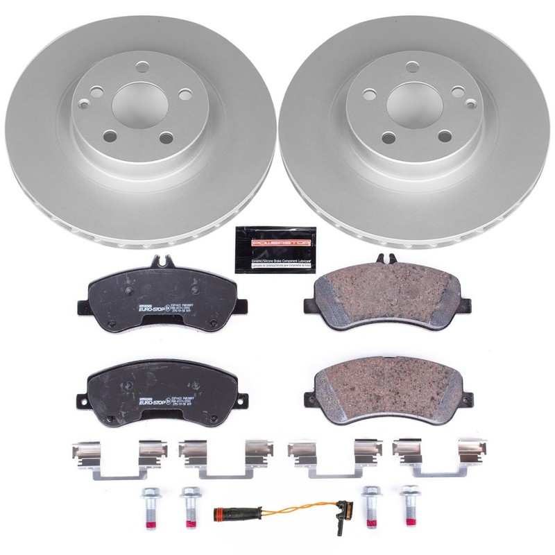– Front Euro-Stop High-Carbon Coated Rotors, ECE-R90 Brake Pads + Hardware Kit f