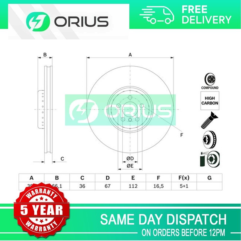 Brake Disc Front Left Orius Fits BMW X5 X7 8 Series X6 34116887397 34116860919