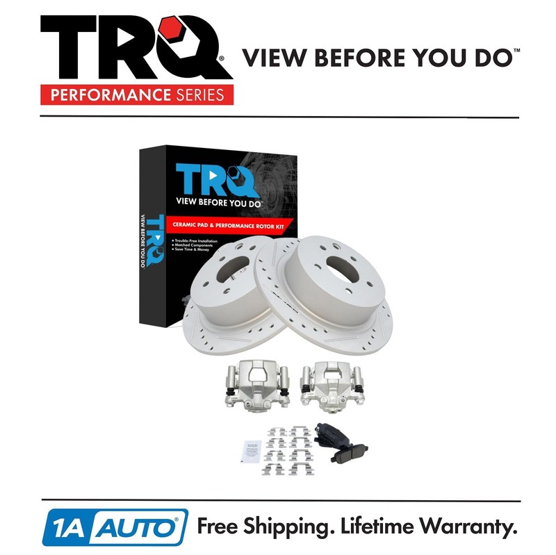 TRQ Rear Ceramic Pads Performance Drilled Slotted Zinc Coated Rotors & Calipers