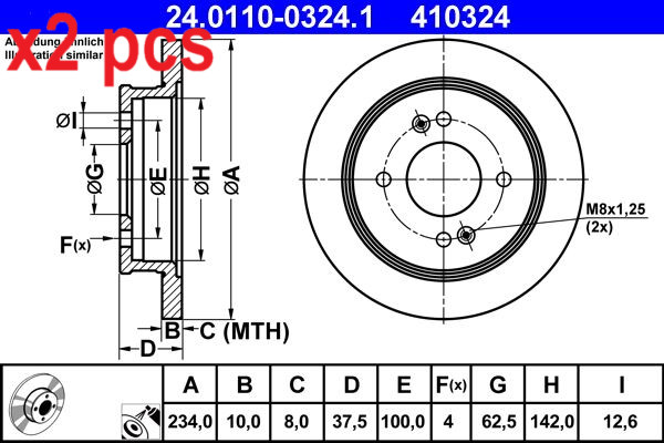 X2 PCS L&R SIDES FITS HYUNDAI I10 I 1.0 BRAKE DISC 24.0110-0324.1 ATE