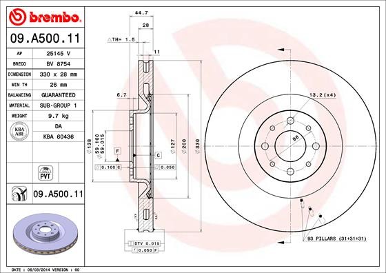 Brembo 09.A500.11 Brake Disc for Lancia