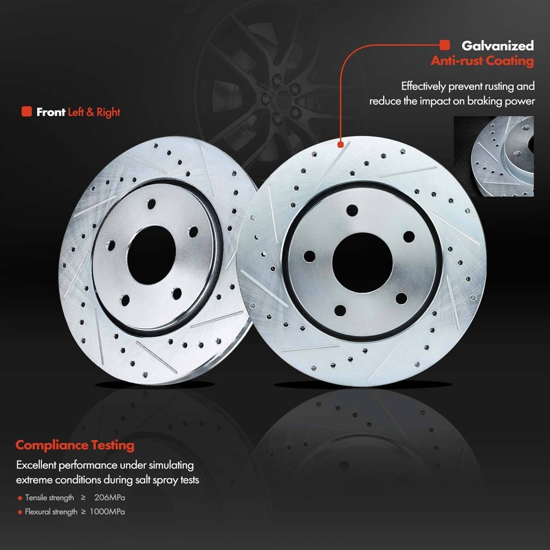 Drilled Brake Rotors & Pad + Hub Bearing for Chrysler Town & Country Dodge Front gallery