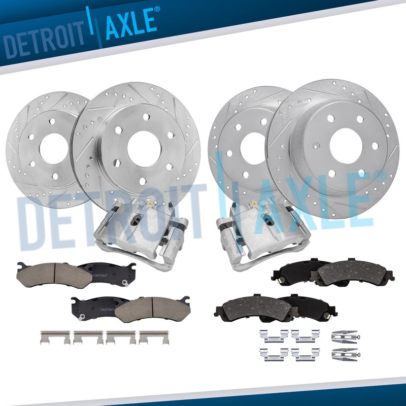 Front & Rear Drilled Rotors Brake Pads + Front Calipers for Silverado 1500 Tahoe