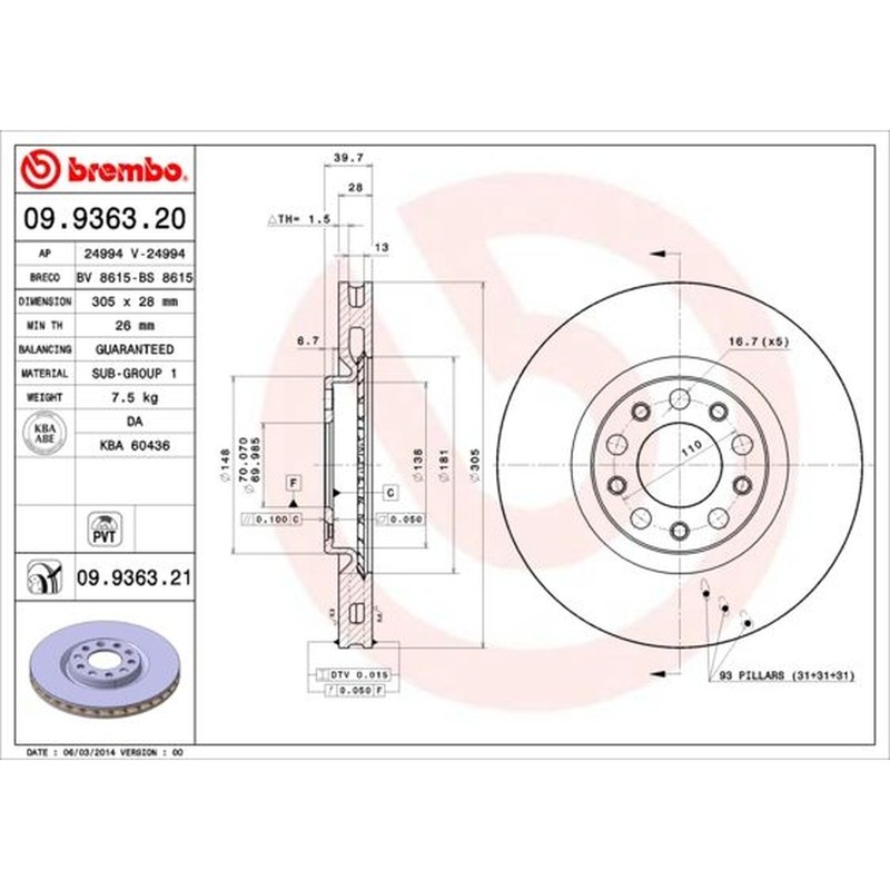 BREMBO UV Coated Vented Brake Discs Pair – 09.9363.21 – OE Performance