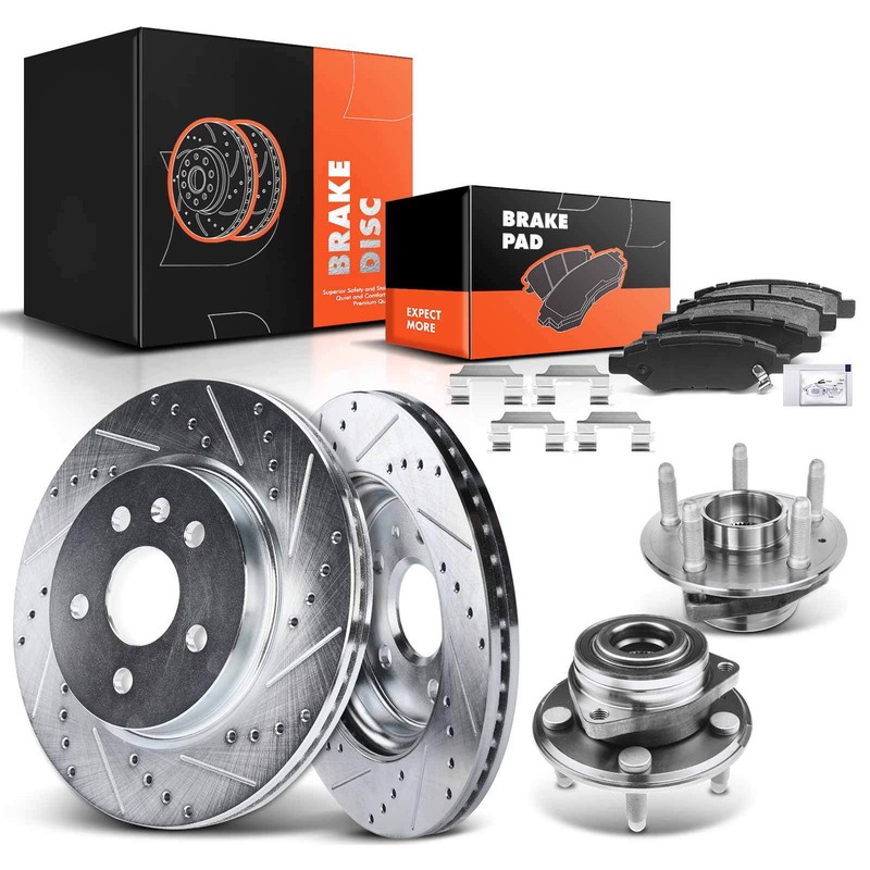 Drilled Brake Rotor & Pads + Hub Bearing for Chevy Impala Cadillac 18-19 Rear
