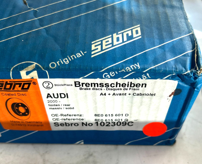 PAIR of SEBRO Rear Brake Discs, Audi A4 + Quattro B6 & B7, 2002 - 2006, COATED. gallery