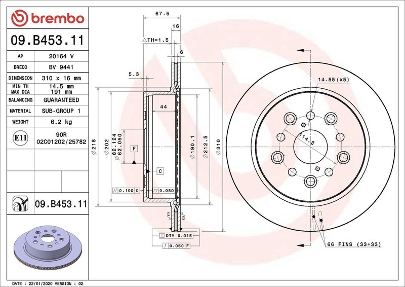 1X Brake Disc Brembo 9.B453.11 for Lexus LS (_F1_) 4 1989-1995