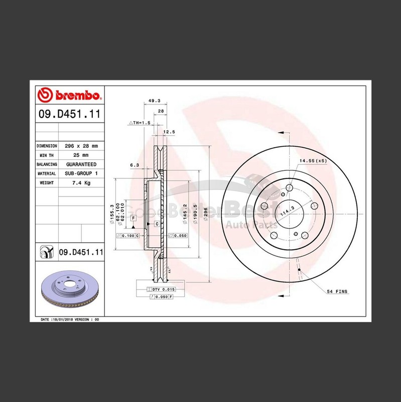 One New Brembo Disc Brake Rotor Front 09D45111 for Lexus Toyota