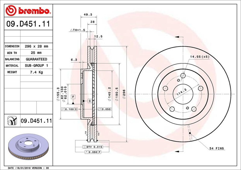 Brembo Front Disc Brake Rotor for ES350, Avalon, Camry (09.D451.11)