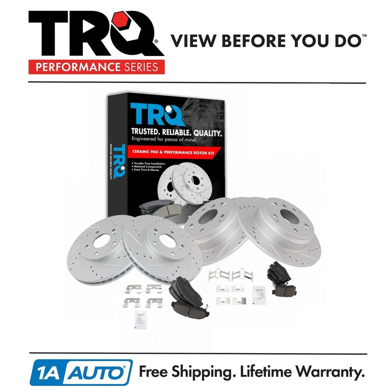 TRQ Performance Drilled Slotted Rotor & Ceramic Brake Pad Front & Rear Kit