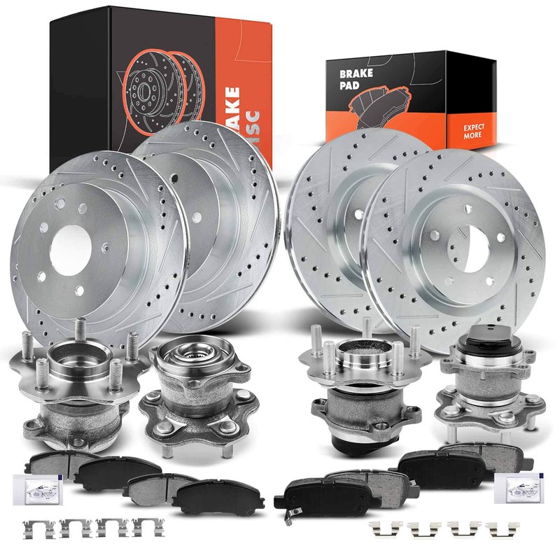 Front & Rear Drilled Rotors & Brake Pads + Hub Bearing for Nissan Rogue 08-13