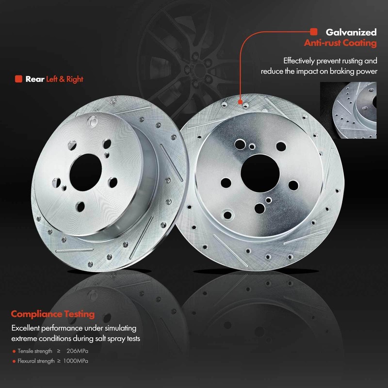 Rear Drilled & Slotted Rotors and Ceramic Brake Pads for Scion TC 2005 2006-2010 gallery