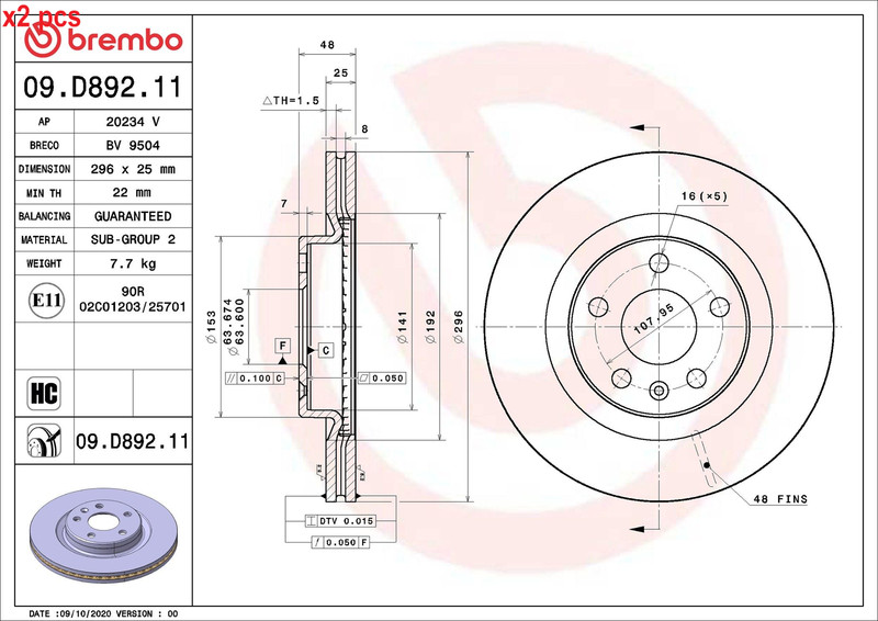 X2 PCS L&R SIDES BRAKE DISC 09.D892.11