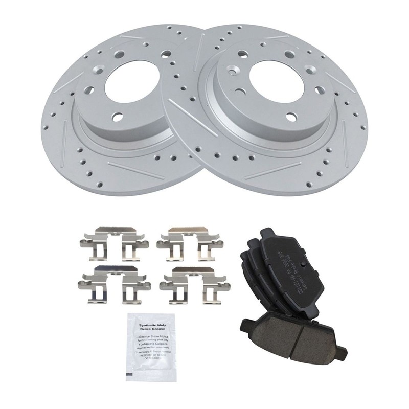 TRQ Rear Ceramic Brake Pad & Performance Drilled Slotted Coated Rotors gallery