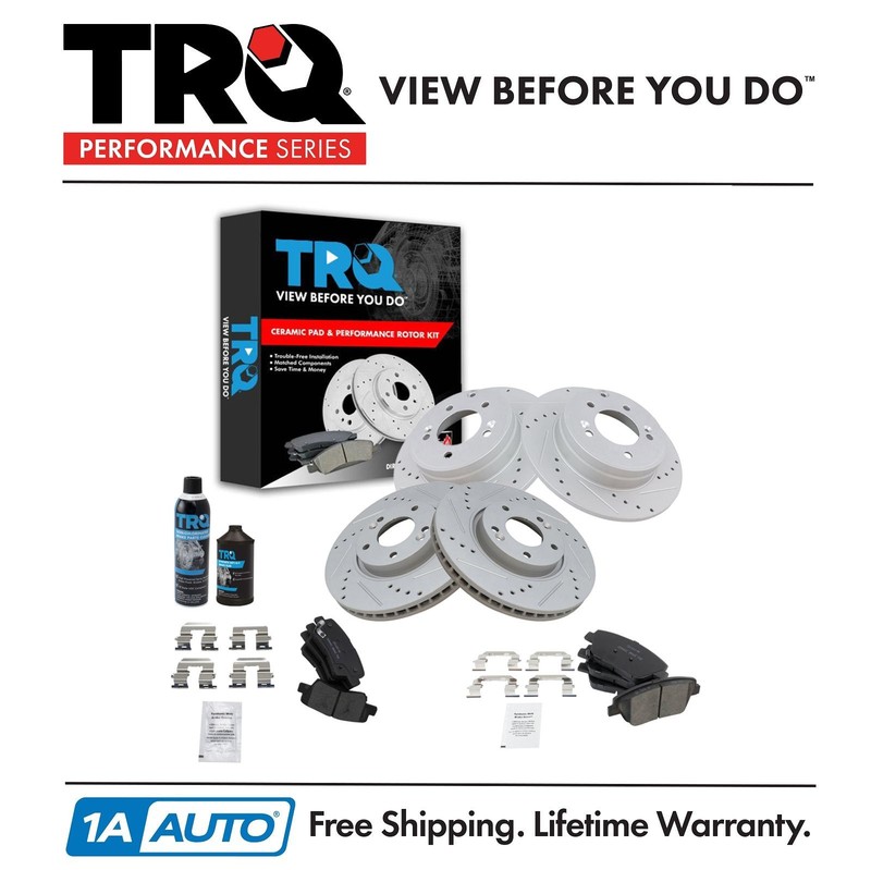 TRQ Performance Brake Rotor & Ceramic Pad Front & Rear Kit w/Chemicals