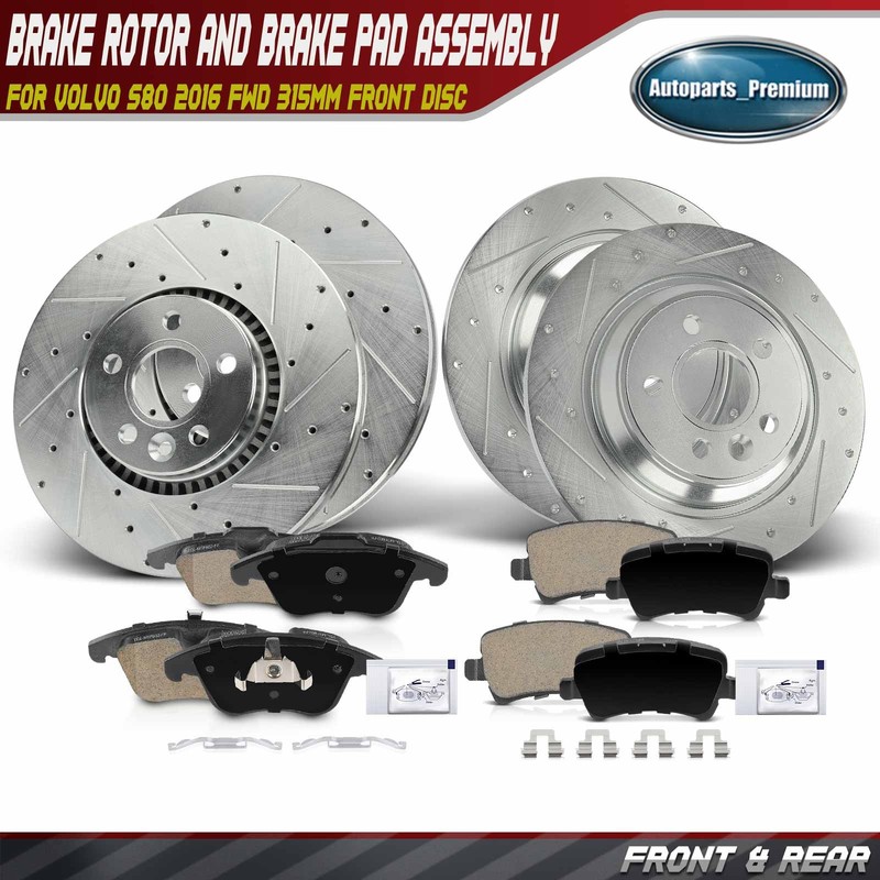 Front & Rear Drilled Brake Rotors & Ceramic Brake Pads for Volvo S80 2016 FWD