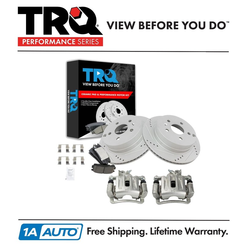 TRQ Rear Brake Calipers Ceramic Pads & Drilled Rotors Fits 10-17 Equinox Terrain