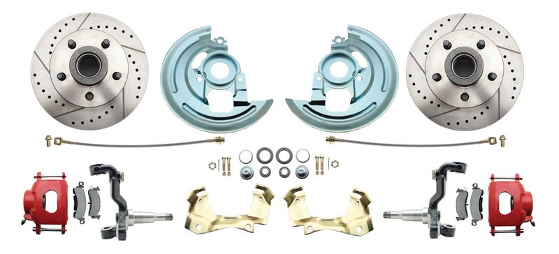 Chevelle, Nova, Camaro, GTO Front Disc Brake Kit Red Calipers Drilled Slotted
