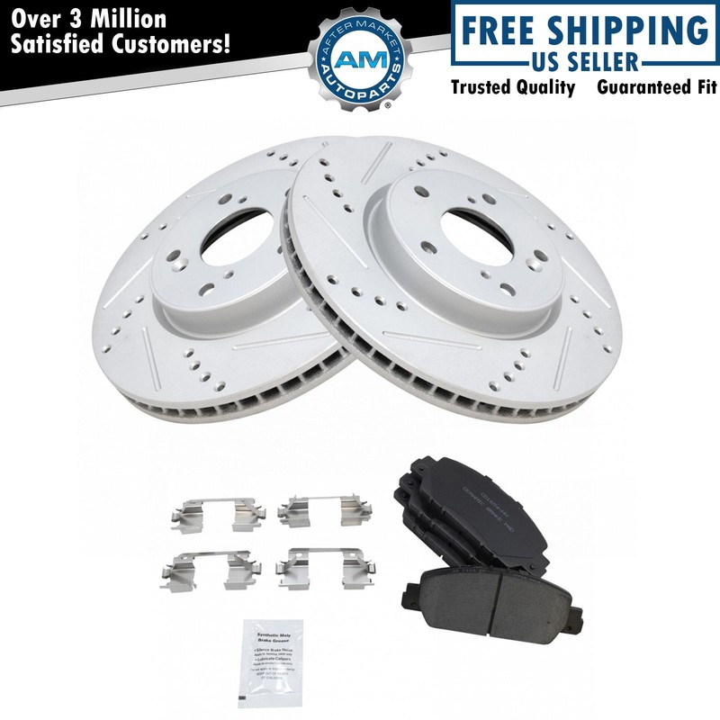 Front Posi Ceramic Disc Brake Pad & Performance Drilled Slotted Coated Rotors