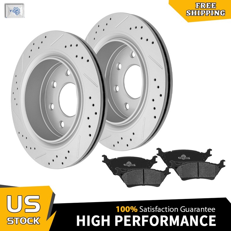 7 Lugs Rear Drilled Disc Rotors Ceramic Brake Pads Kit for Ford F-150 2012-2014